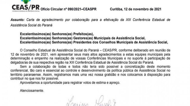 AGRADECIMENTO DO CONSELHO ESTADUAL DE ASSISTENCIA SOCIAL